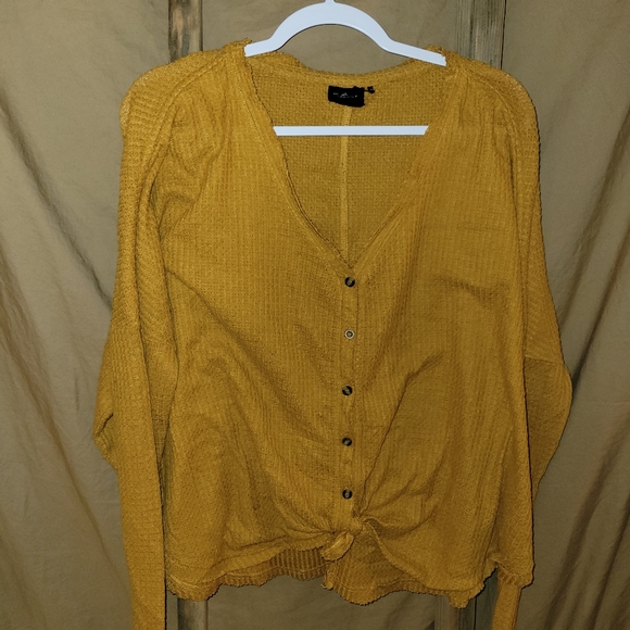 Out from Under Mustard Button Down Tie Front Thermal Long Sleeve Top - Picture 2 of 5